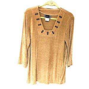 Slinky Brand Taupe Travel Knit‎ Top Woman's M Embellished Square Neck 3/4 Flowy